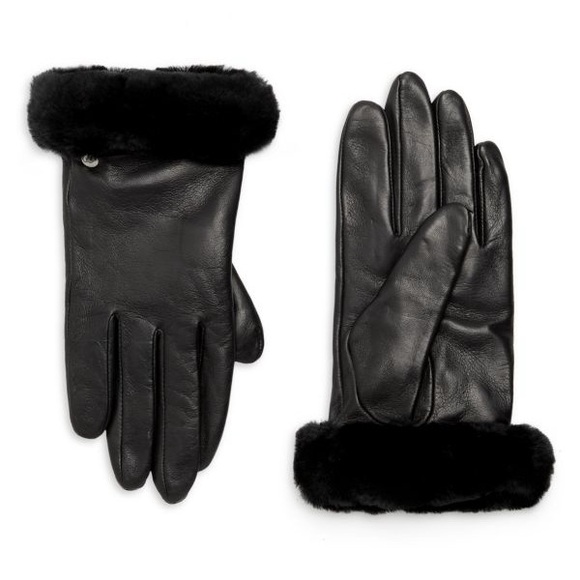 UGG Accessories - UGG Shorty Sheepskin Shearling-Cuff Black Leather Gloves Size Small